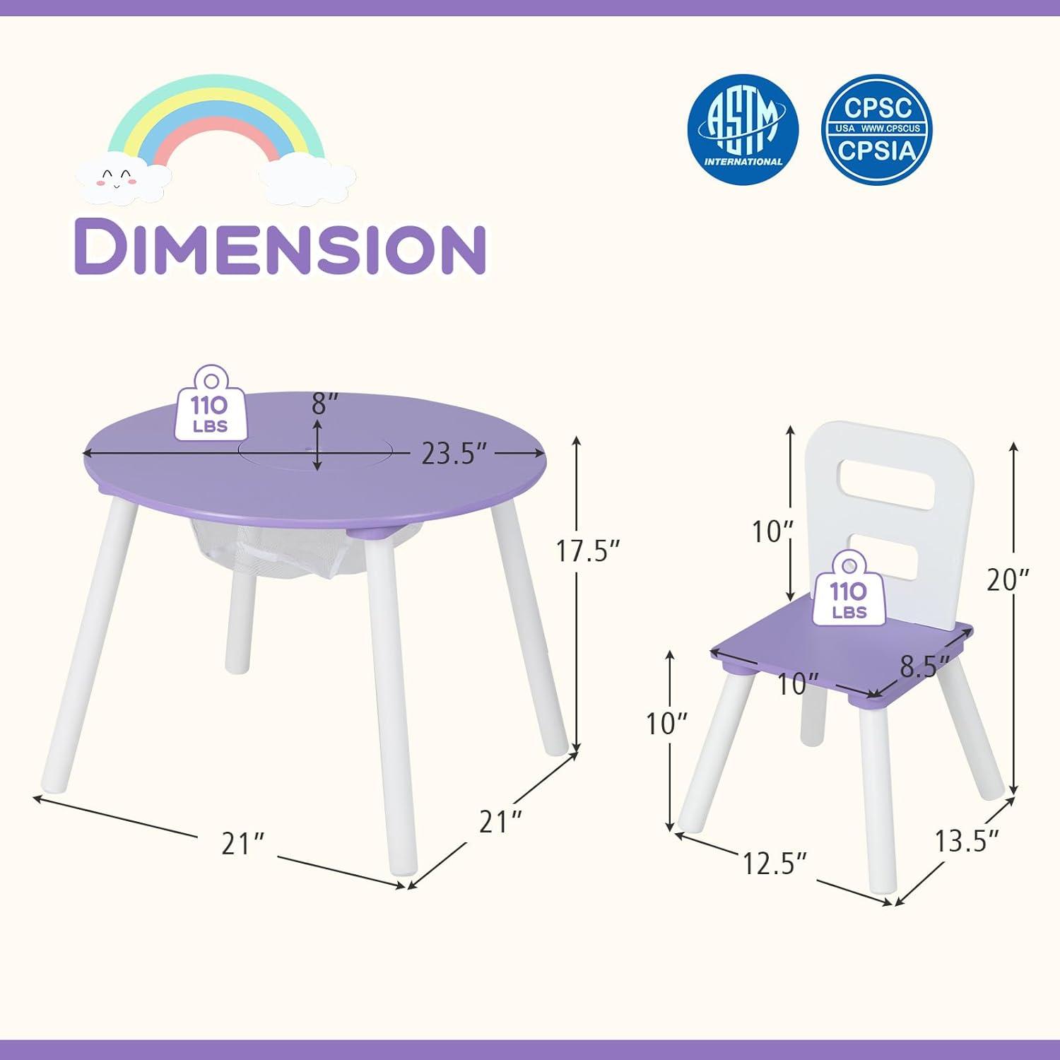 Purple Wooden Kids Table and Chair Set with Storage