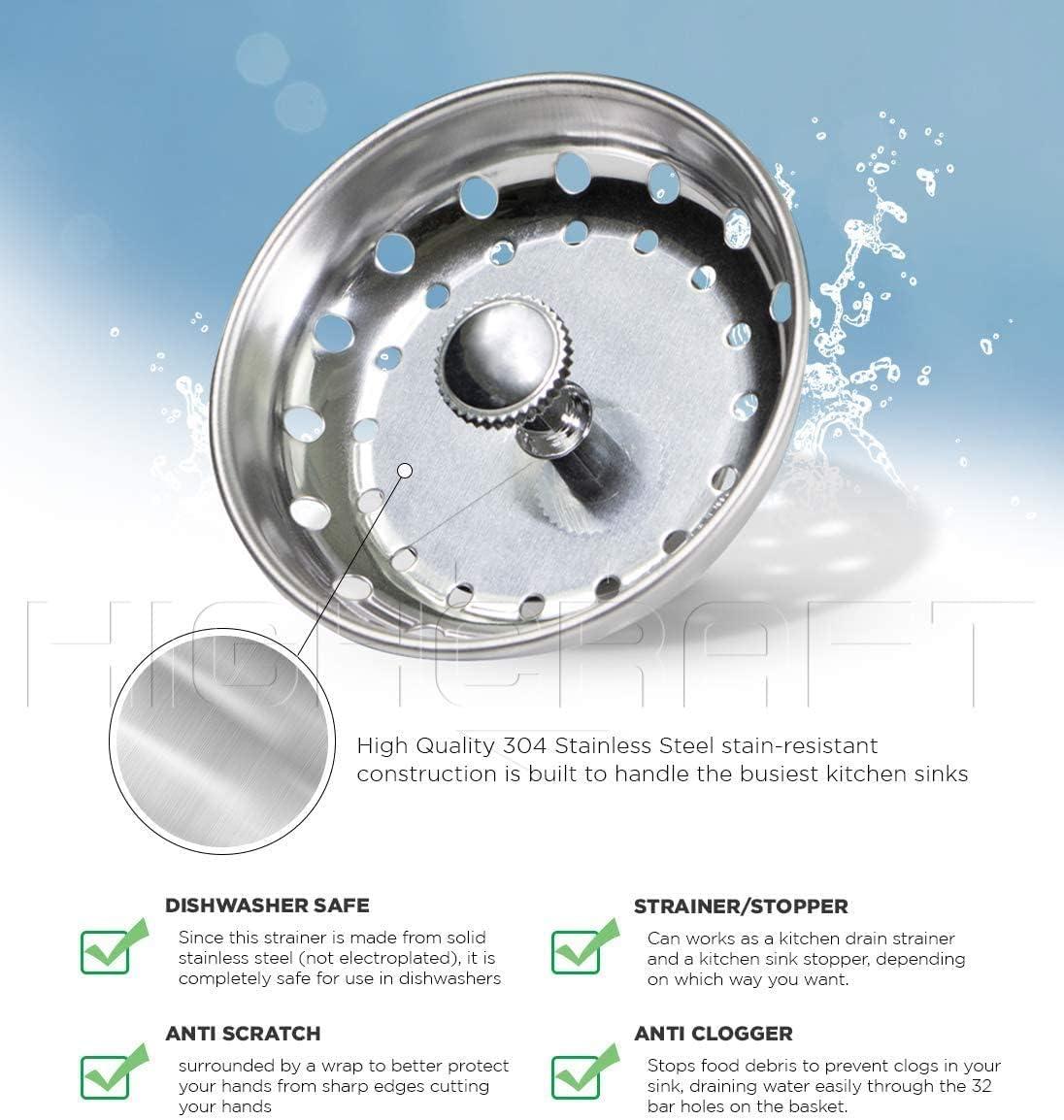 Chrome Plated Stainless Steel Kitchen Sink Basket Strainer with Rubber Stopper, 3-1/2 Inch