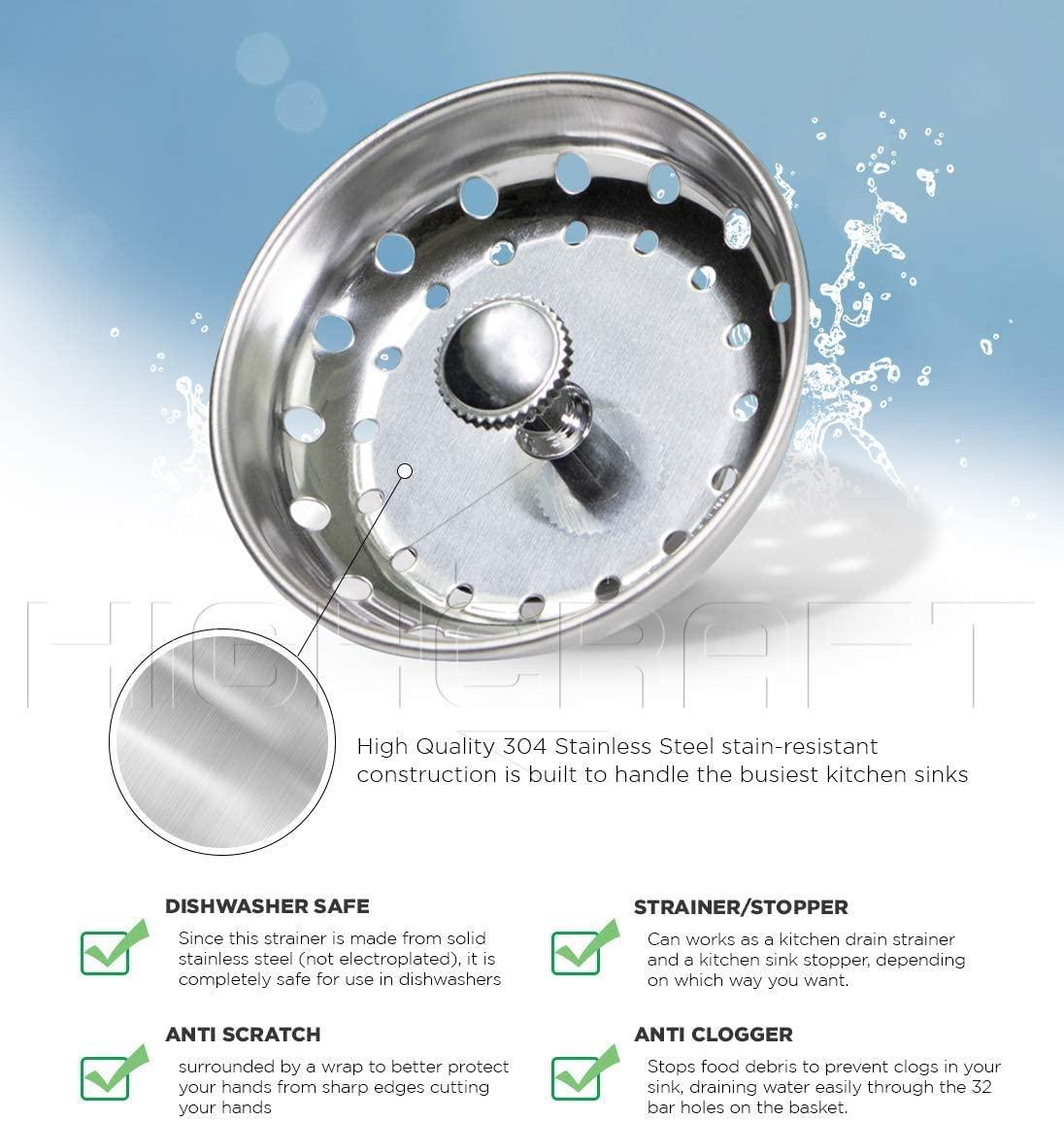 Chrome Plated Stainless Steel Kitchen Sink Basket Strainer with Rubber Stopper, 3-1/2 Inch