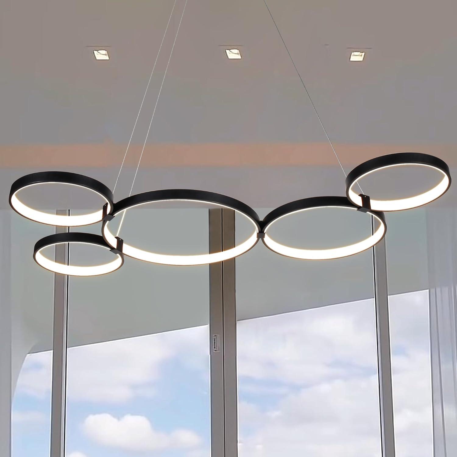 Capella 50-Inch Black Modern LED Multi-Ring Adjustable Chandelier