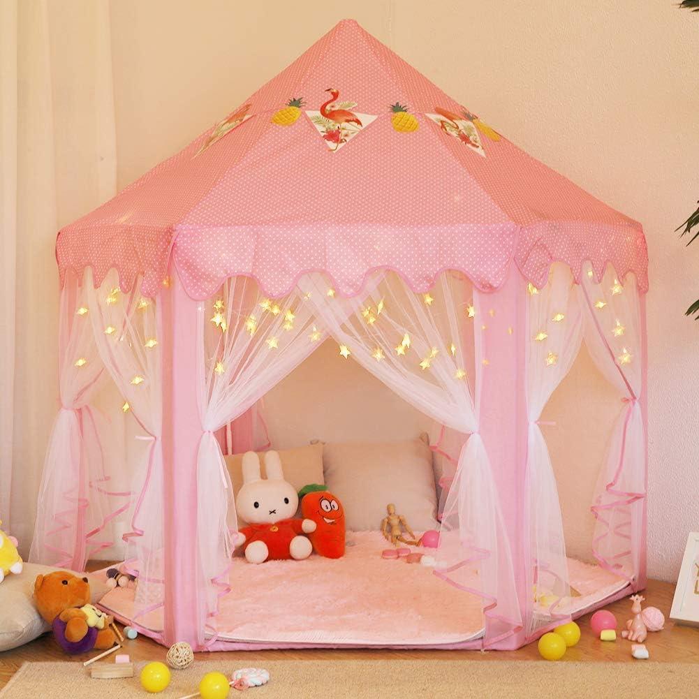 Twinkle Star 55"x 53" Princess Play Castle Tent with Ultra Soft Rug for Girls Playhouse Include Star String Lights and Banners Decor, Princess Tent, Kids Game House for Indoor Outdoor Game, Pink