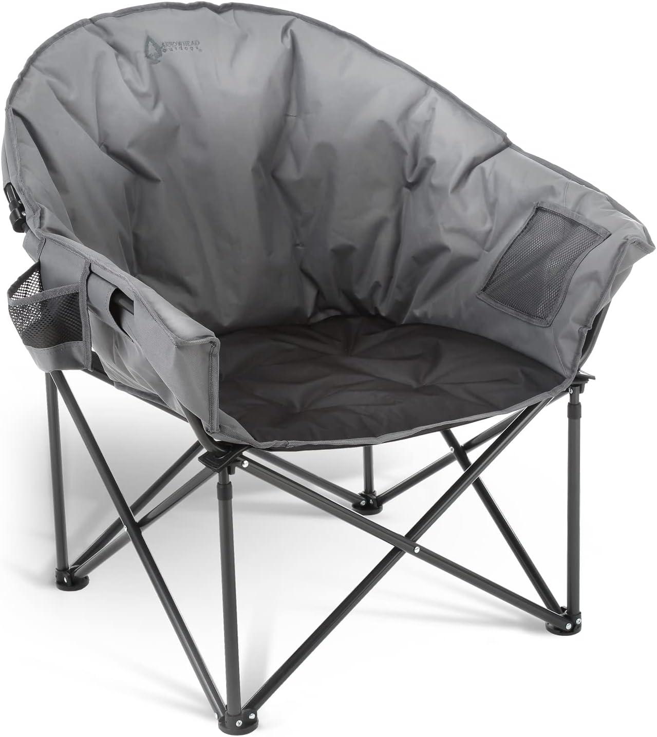 Arrowhead Outdoor Oversized Heavy-Duty Club Folding Camping Chair w/External Pocket, Cup Holder, Portable, Padded, Moon, Round, Bag (Granite Grey)