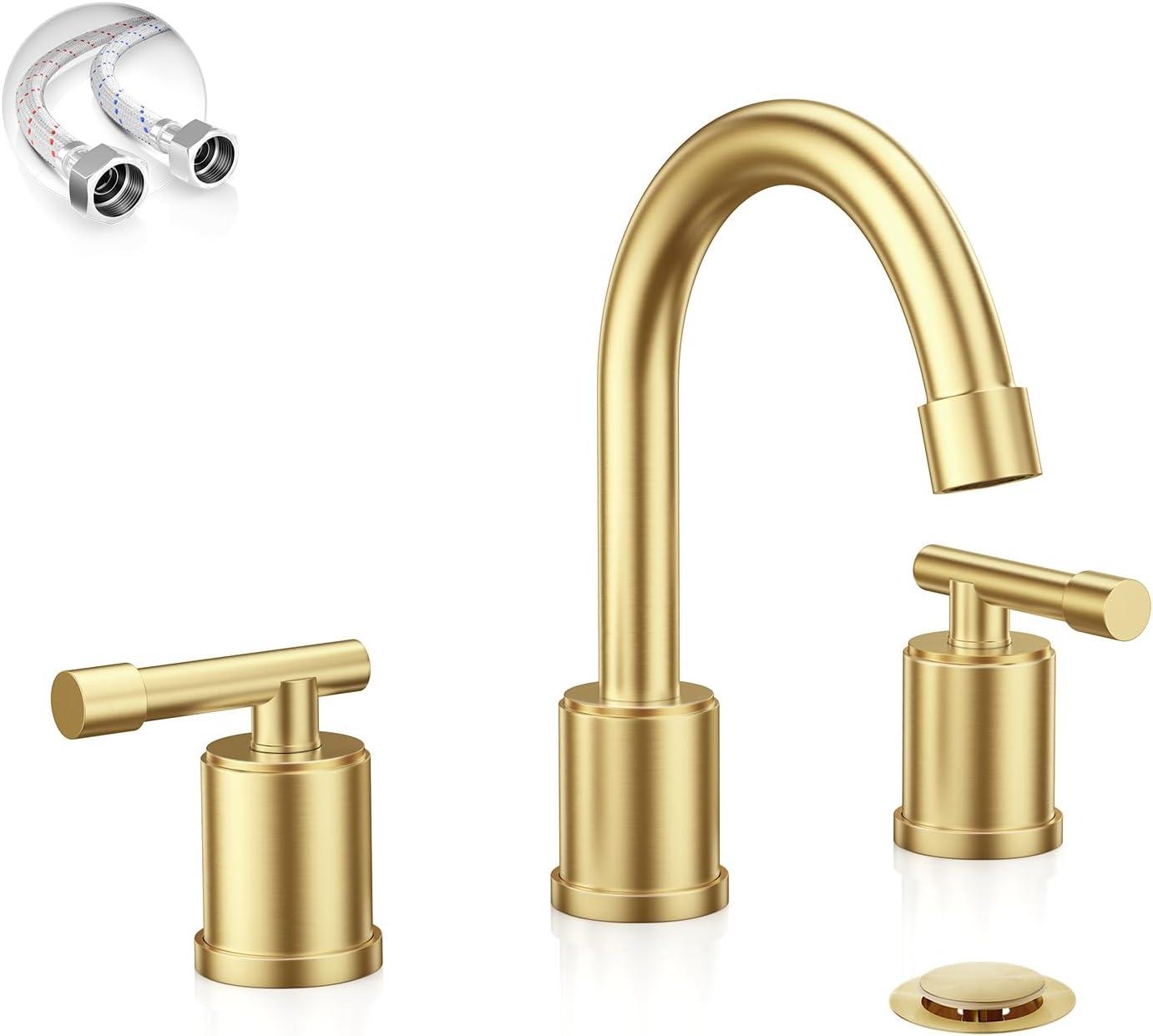 Phiestina 8 Inch Brushed Nickel Bathroom Faucet，3 Holes 2 Handles Widespread Stainless Steel Bathroom Sink Faucet with Metal Pop-Up Drain and Water Supply Lines,WFZY01-BN