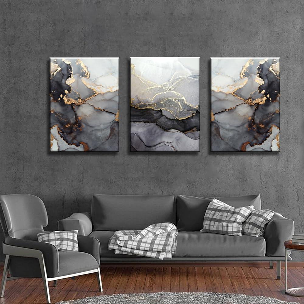 3Pcs Abstract Marble Wall Art Black and Gold Bathroom Decor Nordic Watercolor Gray White Fluid Ink Lines Canvas Picture Contemporary Painting Artwork for Living Room Bedroom Office Home Decor