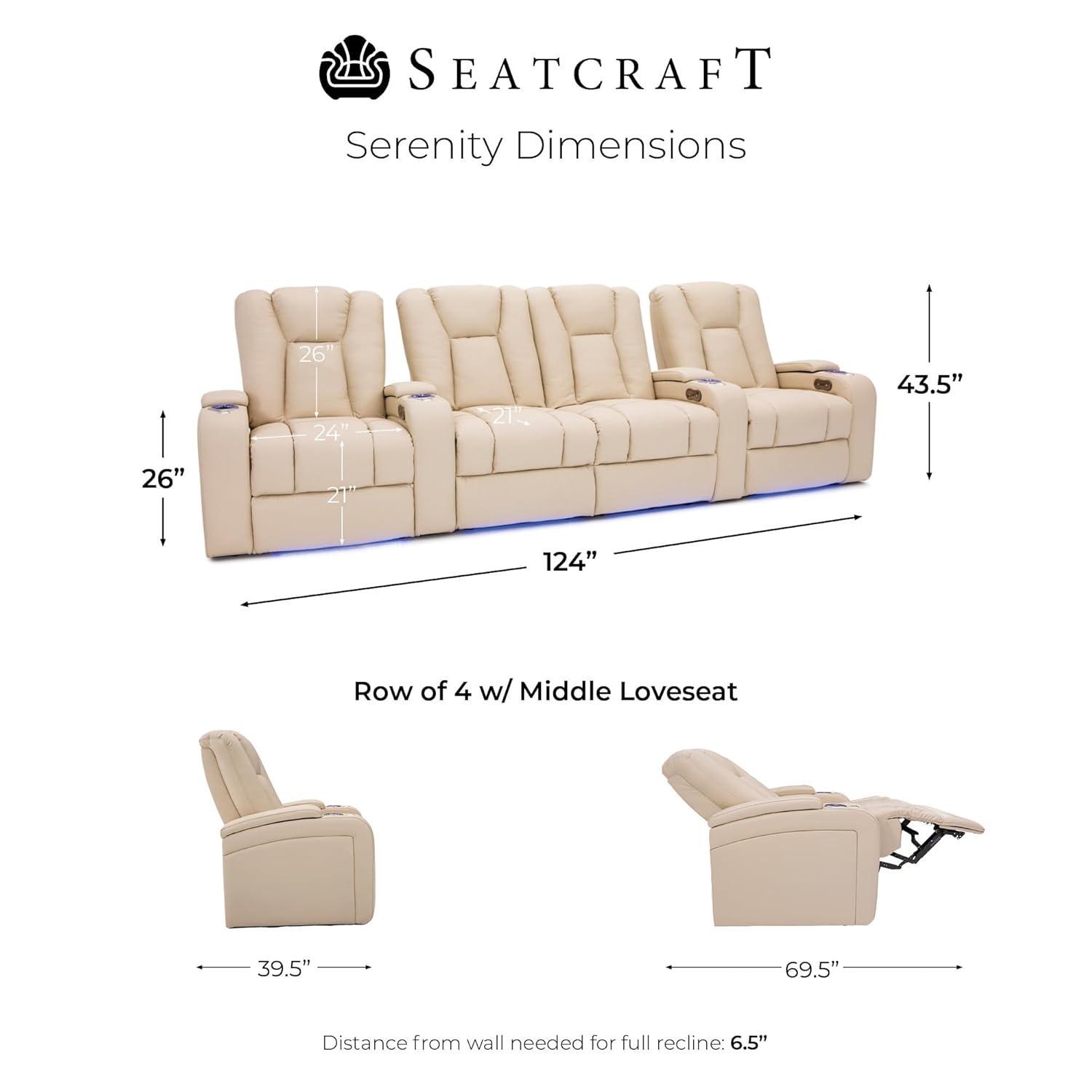 Seatcraft Serenity Italian Leather Home Theater Seating - Living Room - Power Recline - Tray Tables - in-Arm Storage - Ambient Base Lighting and Lighted Cupholders (Row of 4 Middle Loveseat, Cream)