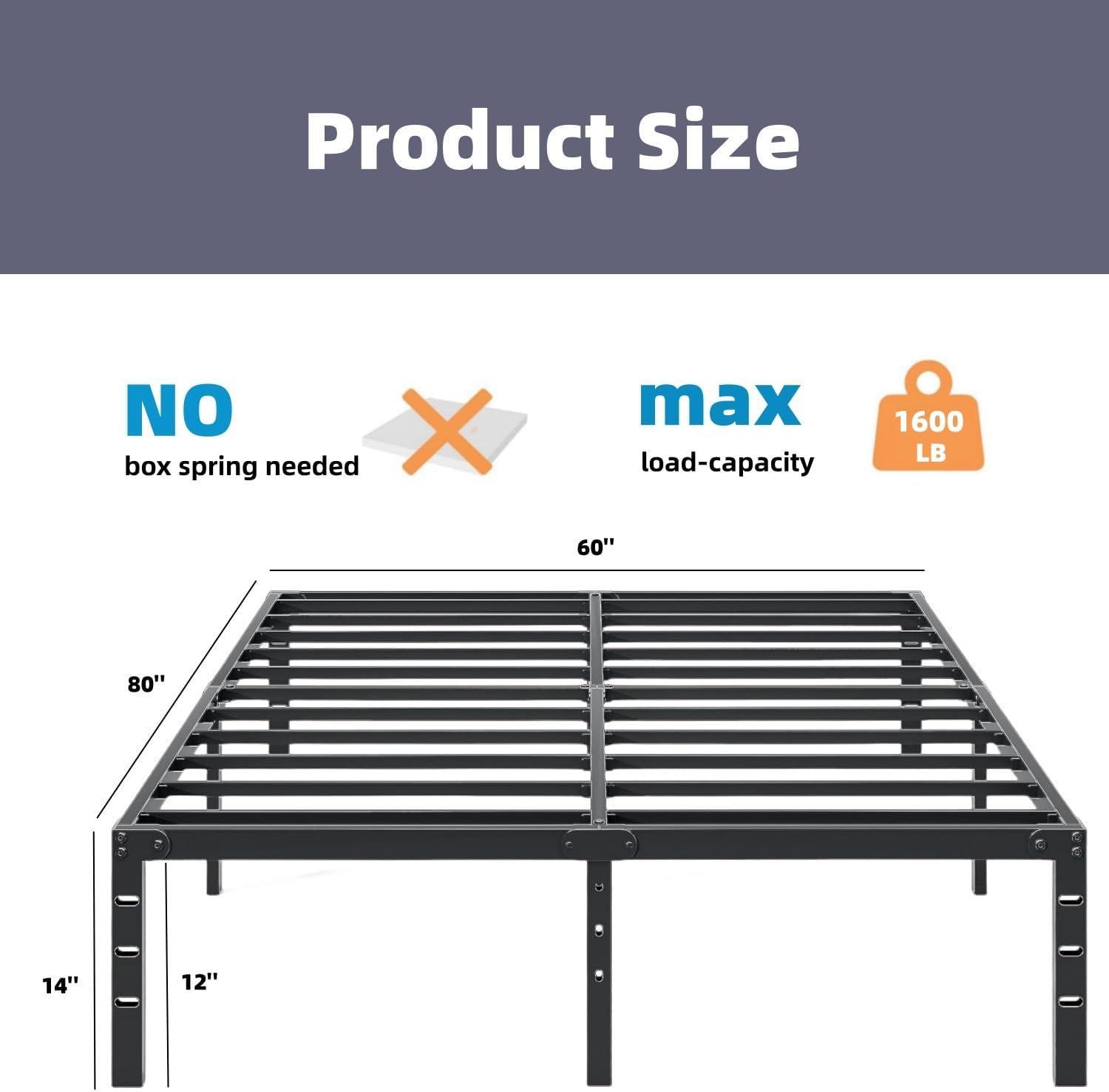 Metal Queen Bed Frame, Durable Platform Queen Size Bed Frame, Heavy Duty Queen Bed Frame, No Box Spring Needed, Large Storage Space Under Bed, Quiet Without Noise Queen Bed Frame