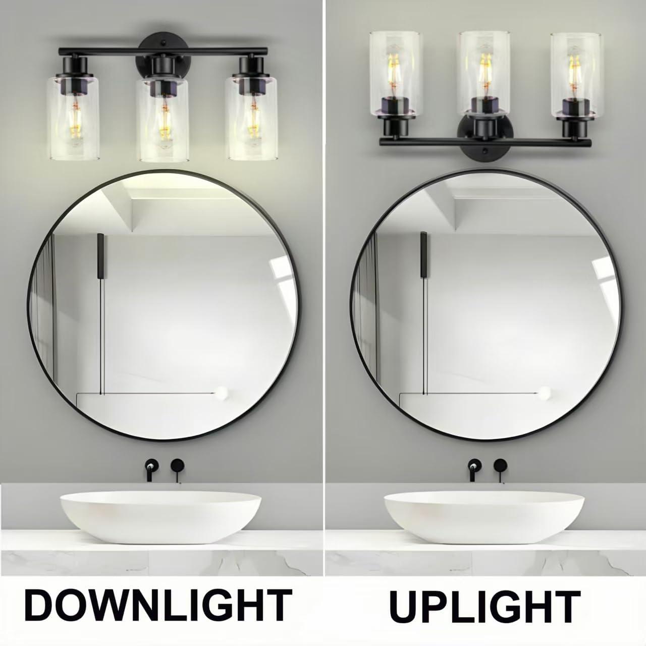 3-Light Bathroom Light Fixtures Bathroom Vanity Lights with Clear Glass Shades Matte Black Bathroom Light Fixtures over mirror for Mirror Living Room Cabinet Bedroom Porch