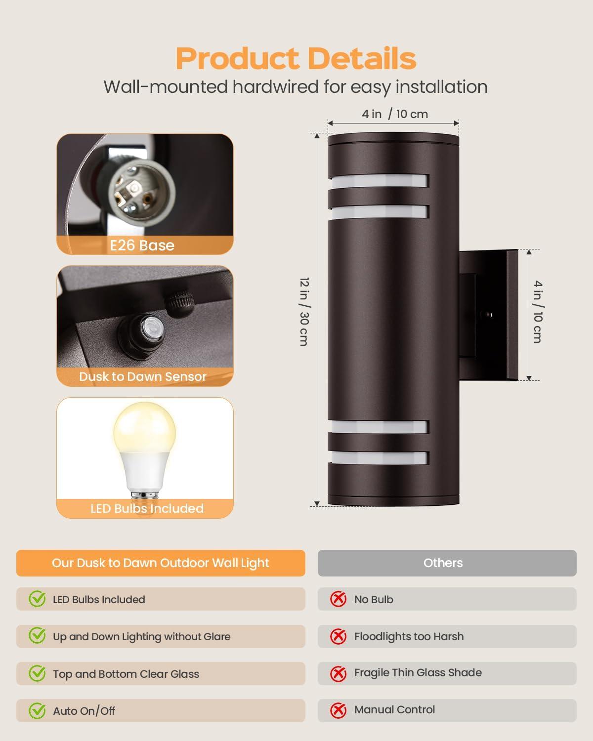 Dusk To Dawn Outdoor Lighting 2 Pack, Modern Outdoor Wall Lights Exterior ETL Listed, Oil Rubbed Bronze Cylinder Outdoor Sconce Lights, Waterproof Outside Lights For House Porch Garage