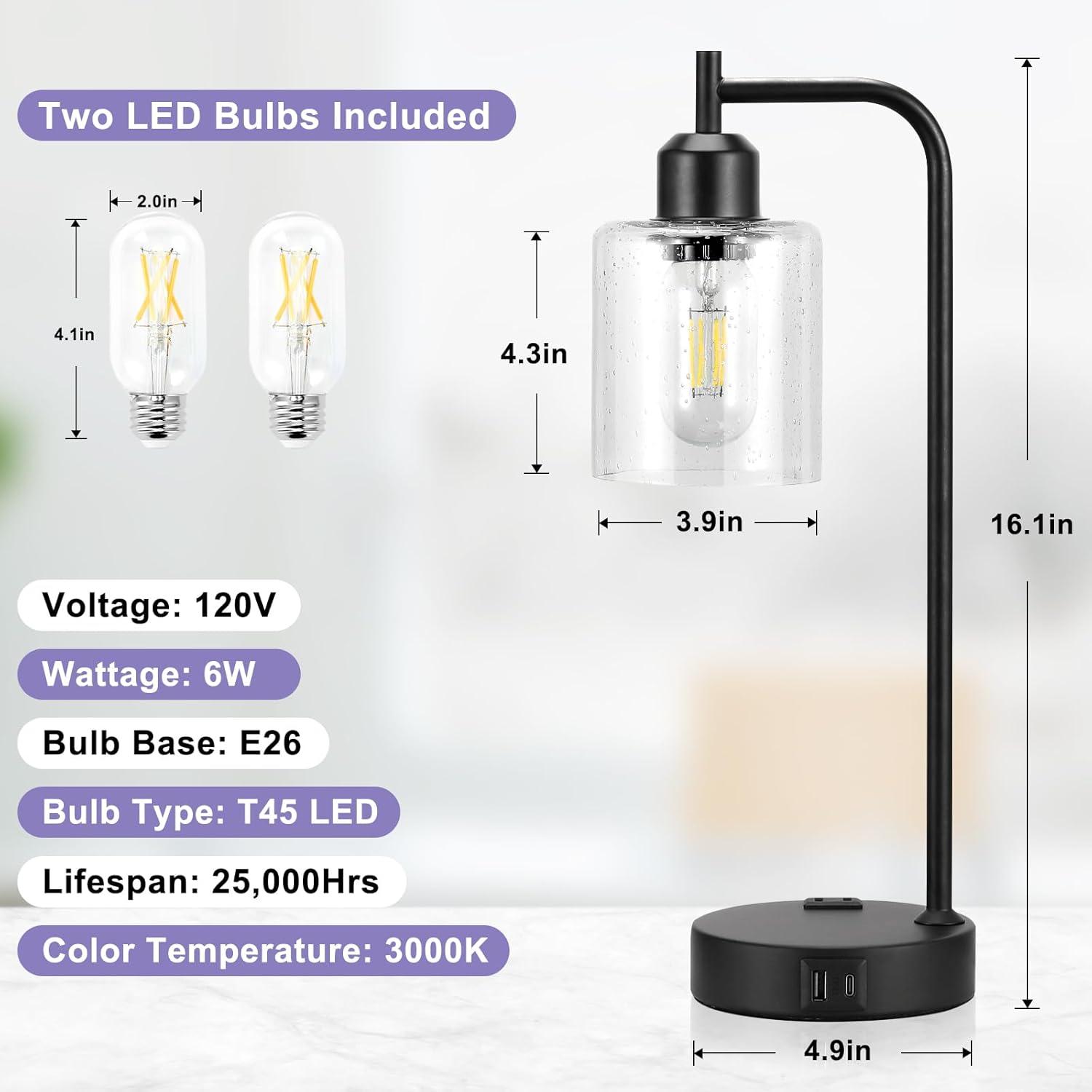 Industrial Nightstand Lamps for Bedrooms Set of 2 - Fully Dimmable Bedside Lamps with USB A C Ports and Outlet, Black Table Lamps with Clear Glass Shade for Living Room, Desk Lamps for Office Reading