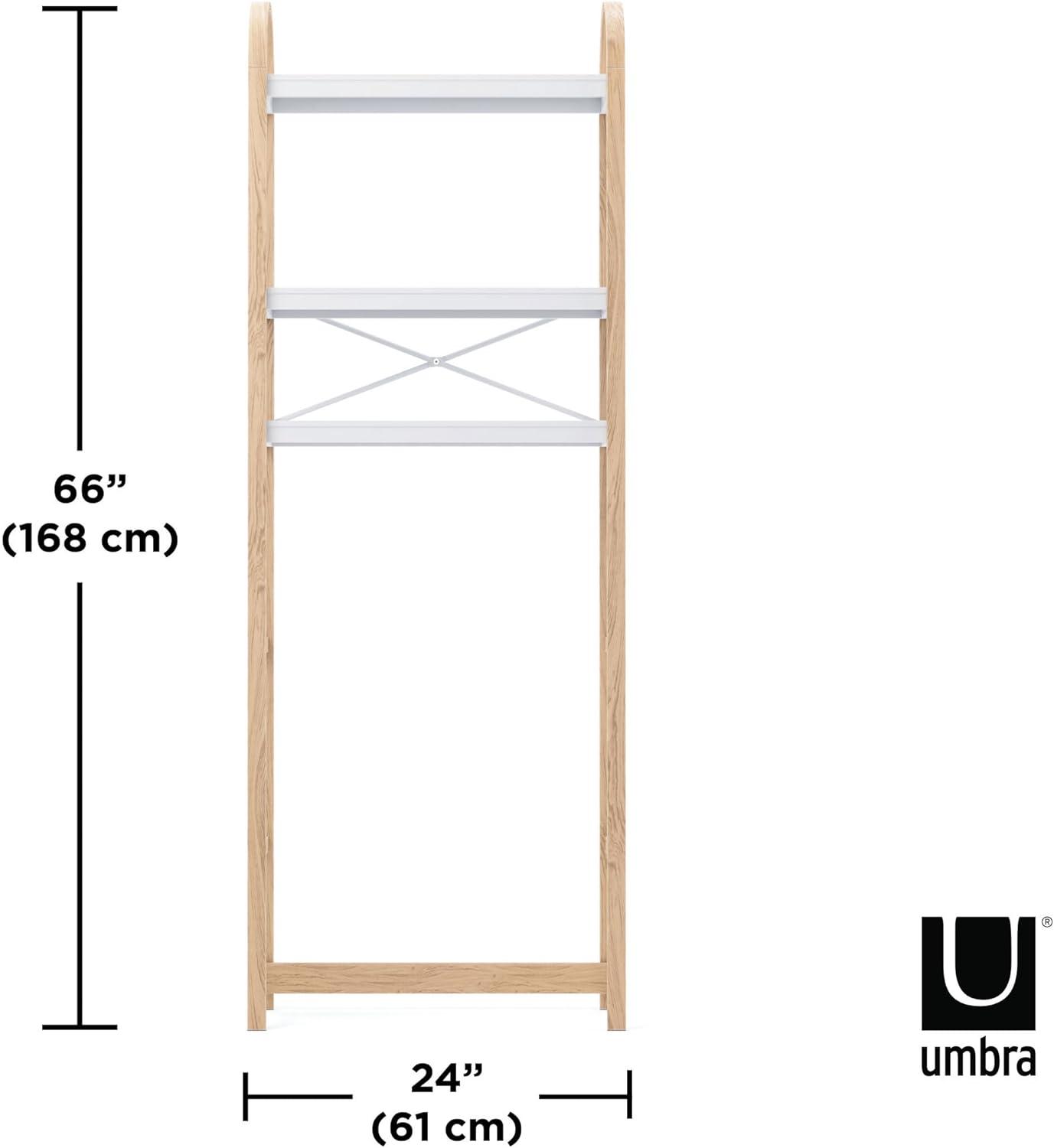 White and Natural Wood Over-the-Toilet Storage Shelf