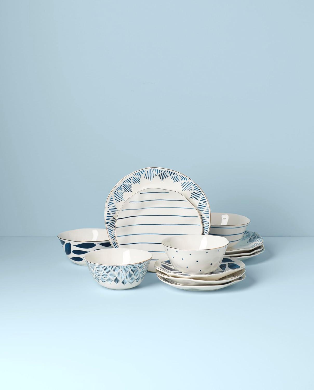 Blue and White Porcelain 12-Piece Floral Dinnerware Set