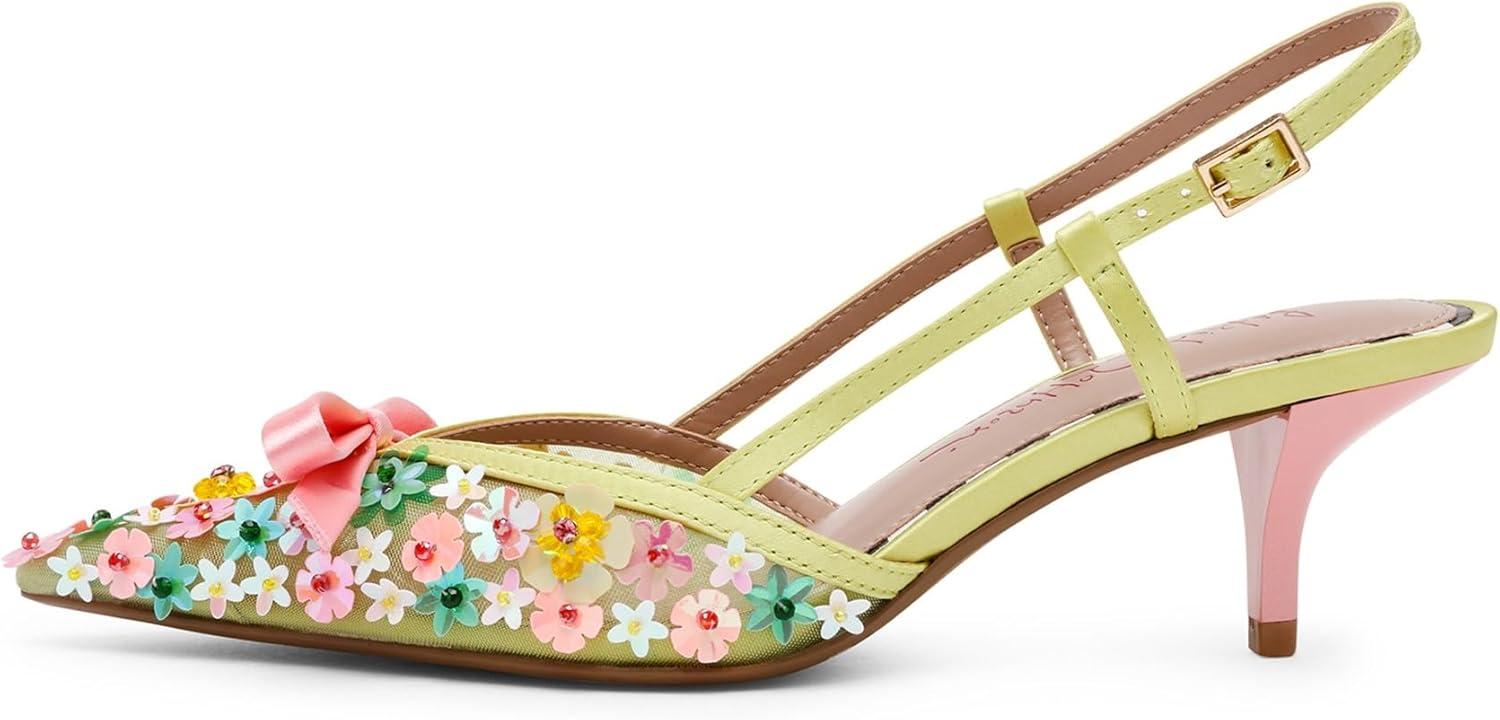 Lime Floral Sequin Mesh Slingback High Heel Pumps