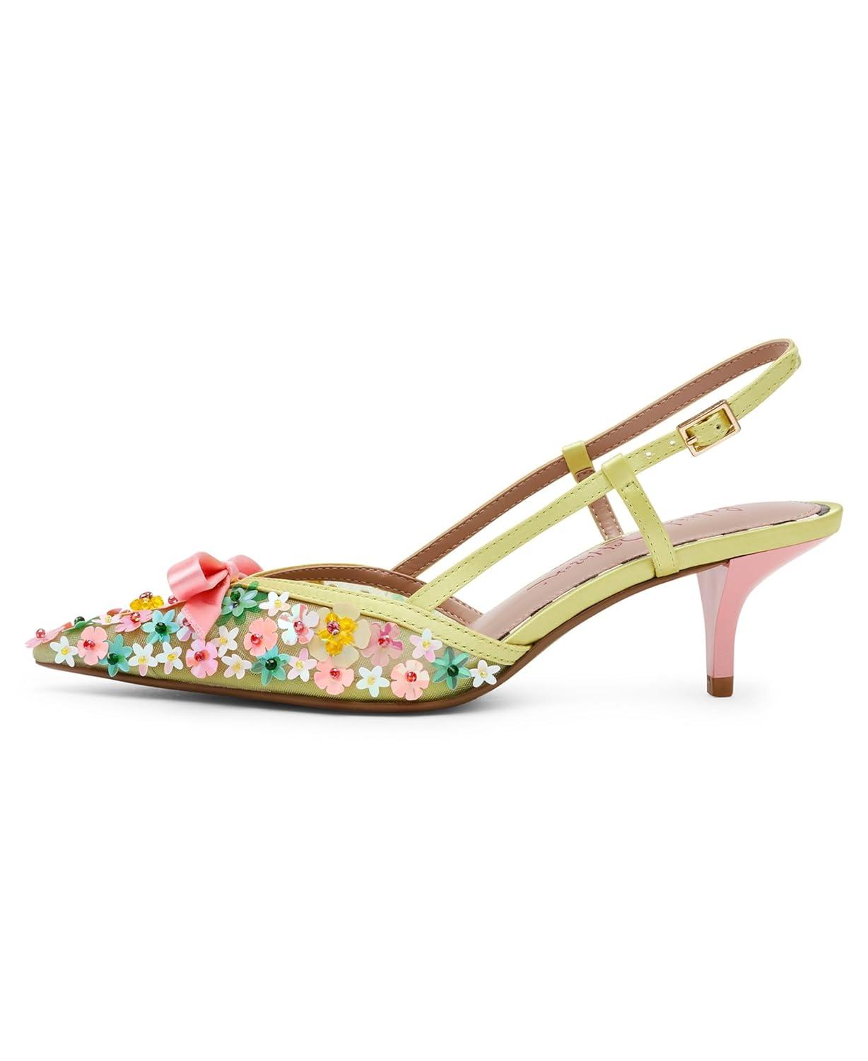 Lime Floral Sequin Mesh Slingback High Heel Pumps