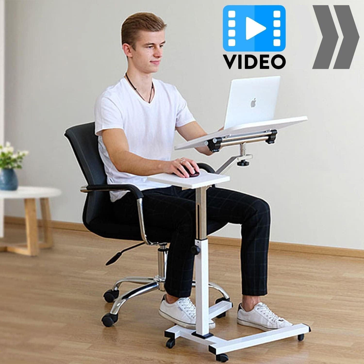 White Adjustable Height Rolling Laptop Desk with Mouse Pad