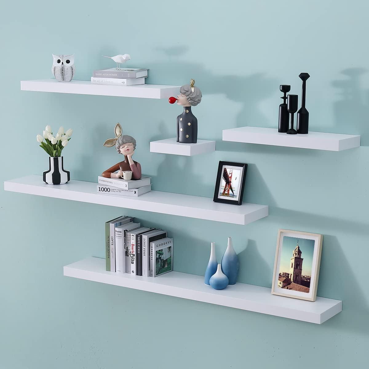 WELLAND 16 inch White Mission Floating Shelves for Wall, Bathroom Wall Mount Shelves, Wood Modern Display Shelves, Book Shelves,for Bedroom,Living Room and Kitchen