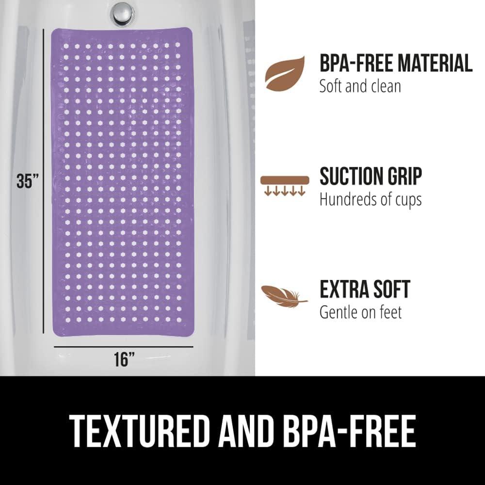GORILLA GRIP Patented Bath Tub Shower Mat, Machine Washable Bathtub Floor Liner Mats, Suction Cups and Drain Holes to Keep Tubs Clean, Soft on Feet, Bathroom Essentials, 35x16 Inch, Purple Opaque