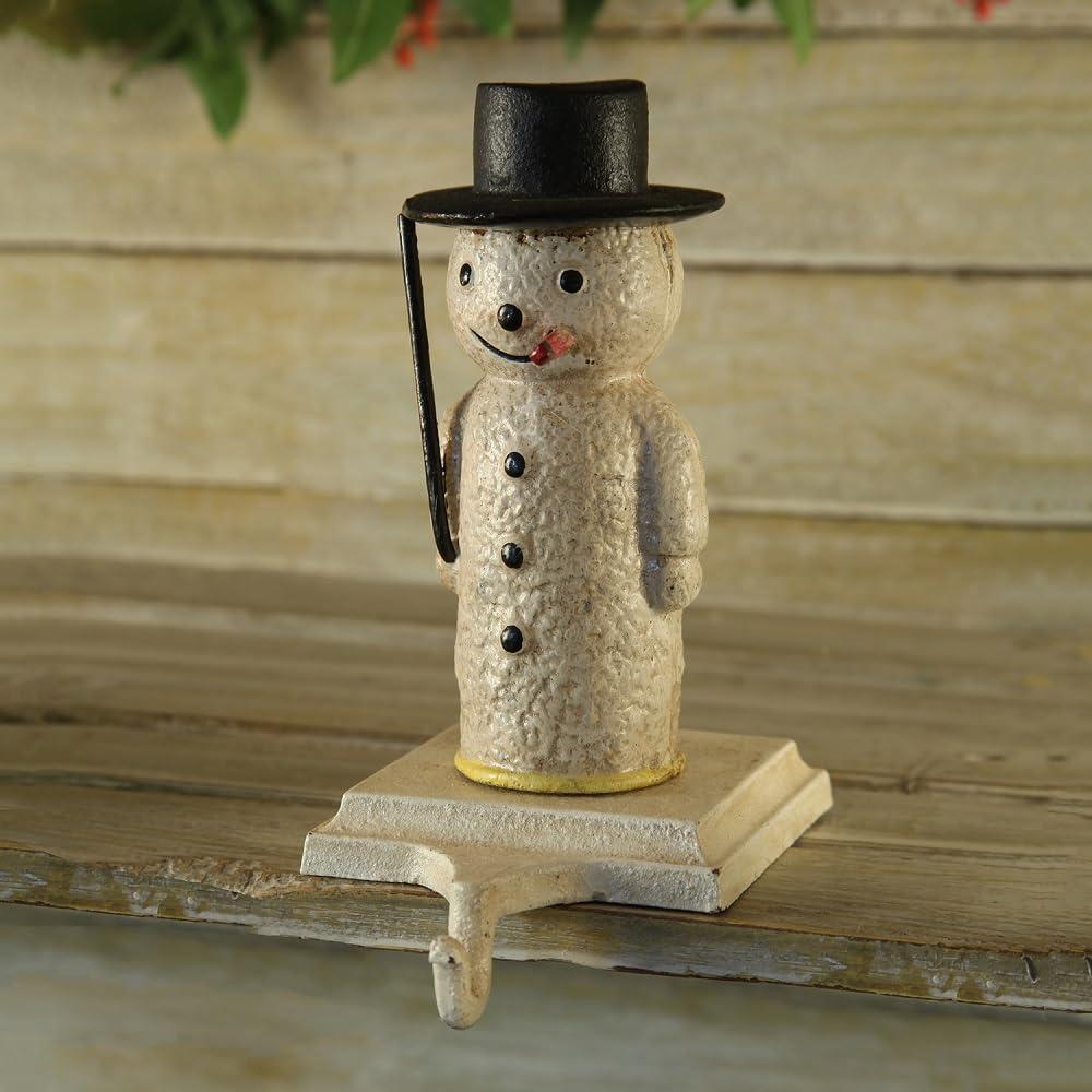 White Cast Iron Snowman Stocking Holder with Black Hat