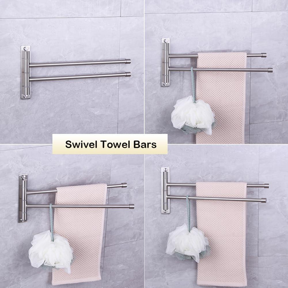 Stainless Steel Swing Out Towel Bar 2-Bar Folding Arm Swivel Hanger Bathroom Storage Organizer Rustproof Wall Mount Brushed Finish