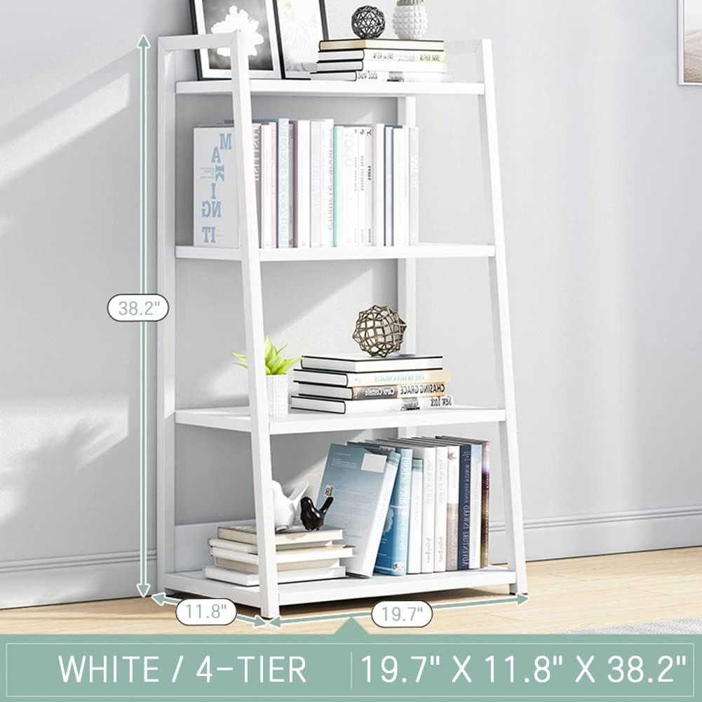 White Modern 4-Tier Ladder Bookshelf with Wood Shelves