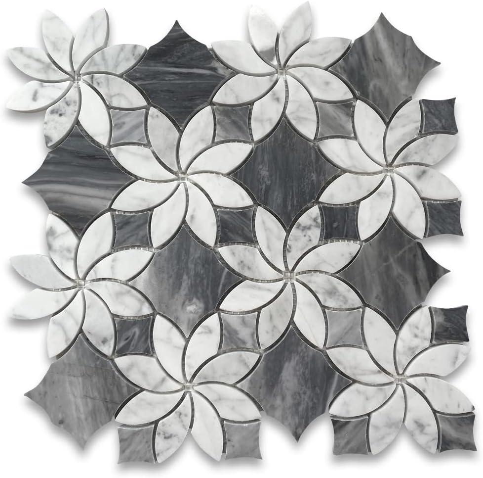 Stone Center Online Carrara White Marble Ice Flower Blossom Waterjet Mosaic Tile w/Bardiglio Gray Polished Kitchen Bath Wall Floor Backsplash Shower (1 Sheet)