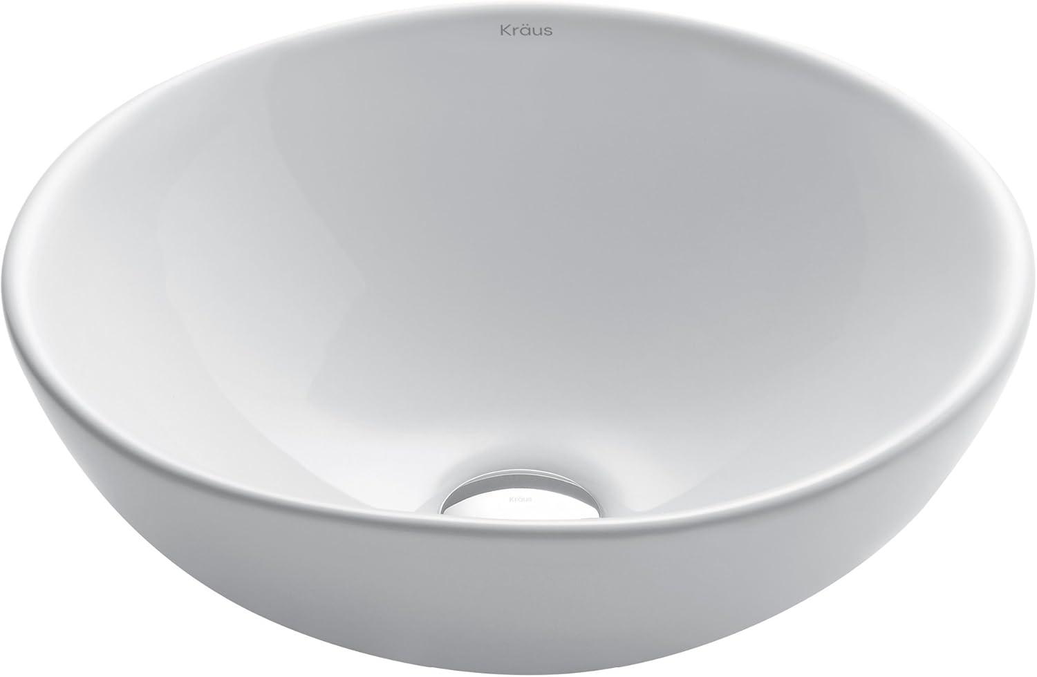 White Round Ceramic Vessel Bathroom Sink, 16 Inch