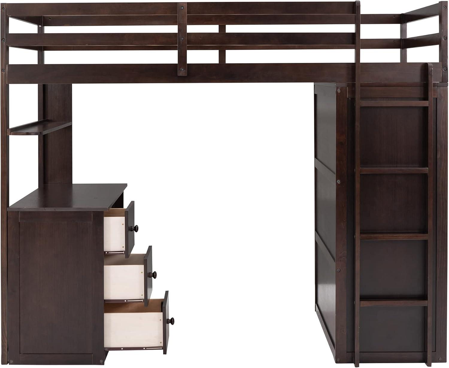 Seizeen Wooden Twin Size Loft Bed for Kids, Twin Loft Bed with Drawers, Desk, Wardrobe, Ladder & Safety Rails, Modern Bedroom Space Saving Loft Bed Frame with Storage, No Box Spring Needed, Espresso