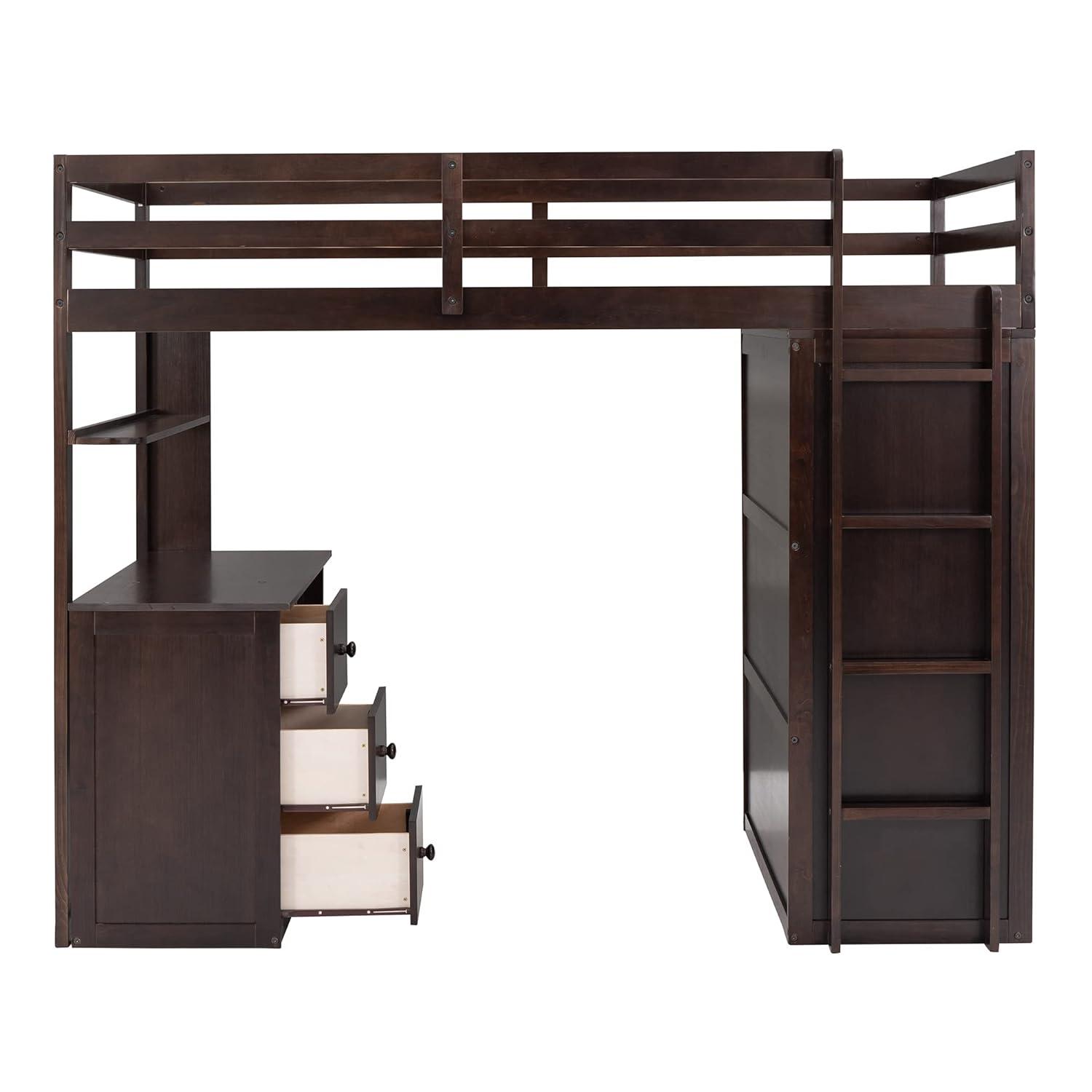 Seizeen Wooden Twin Size Loft Bed for Kids, Twin Loft Bed with Drawers, Desk, Wardrobe, Ladder & Safety Rails, Modern Bedroom Space Saving Loft Bed Frame with Storage, No Box Spring Needed, Espresso