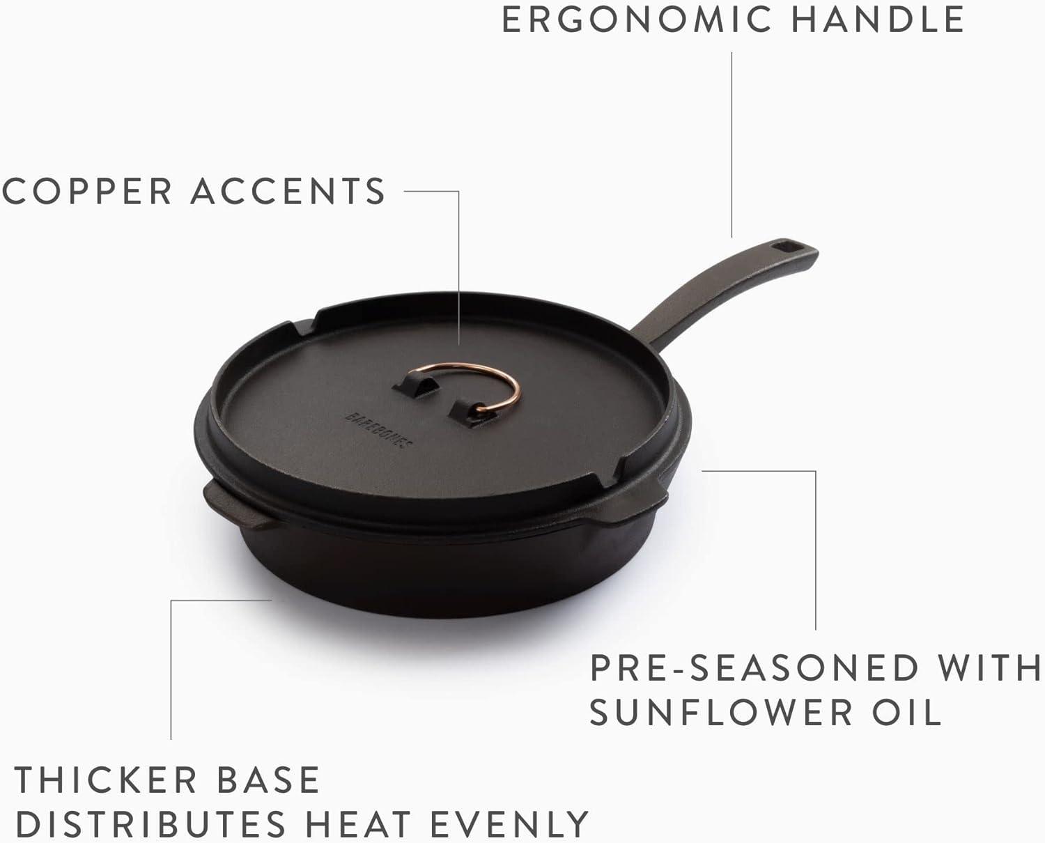 12-Inch Black Cast Iron Skillet with Lid and Copper Accents