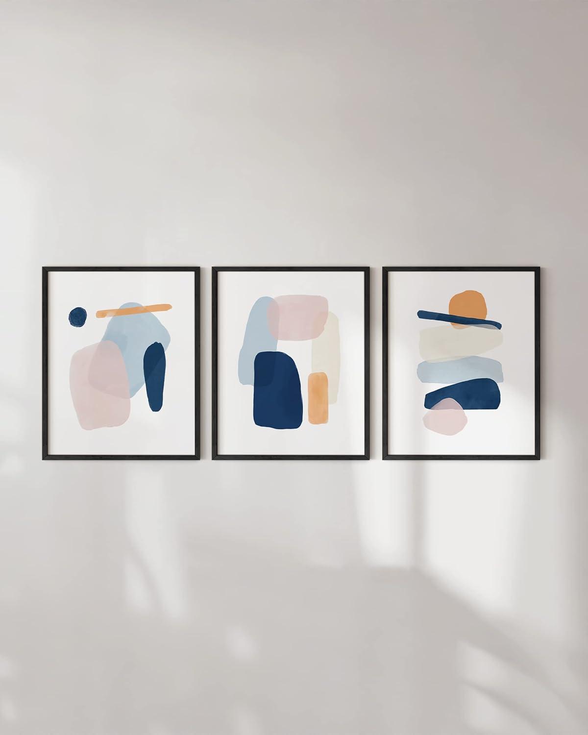 HAUS AND HUES Abstract Art Wall Decor - Set of 3 Abstract Wall Art for Living Room, Blue Posters Geometric Wall Art Abstract, Room Posters Aesthetic Colorful Wall Art (Framed Black 12x16)