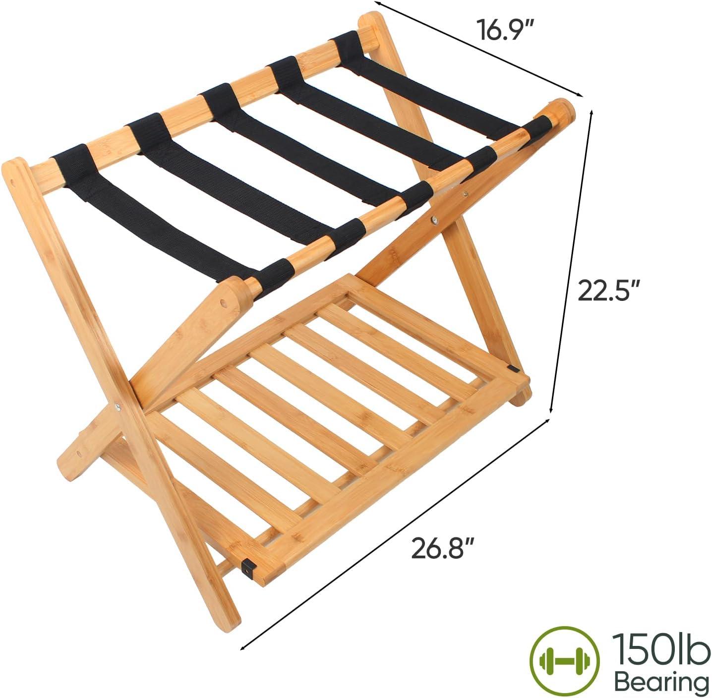 Natural Bamboo X-Shaped Folding Luggage Rack with Shelf