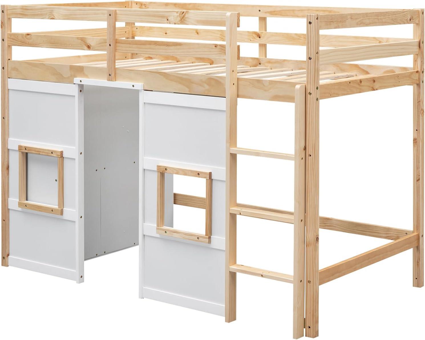 Merax Wood Loft Bed Twin Size with Storage Wardrobe, 2 Windows Design, for Teens, Boys & Girls, White