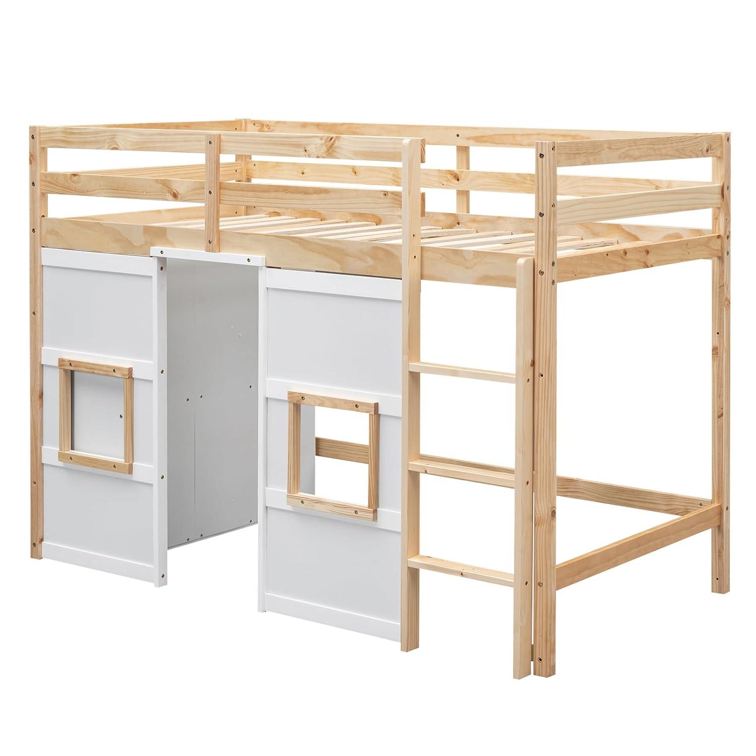 Merax Wood Loft Bed Twin Size with Storage Wardrobe, 2 Windows Design, for Teens, Boys & Girls, White