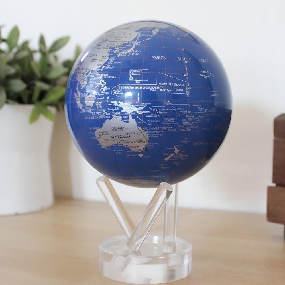 MOVA – Blue and Silver 4.5” Rotating Earth Sphere | Solar-Powered Desktop Decor for Offices, Study, or Gifting | No Batteries or Cords Needed