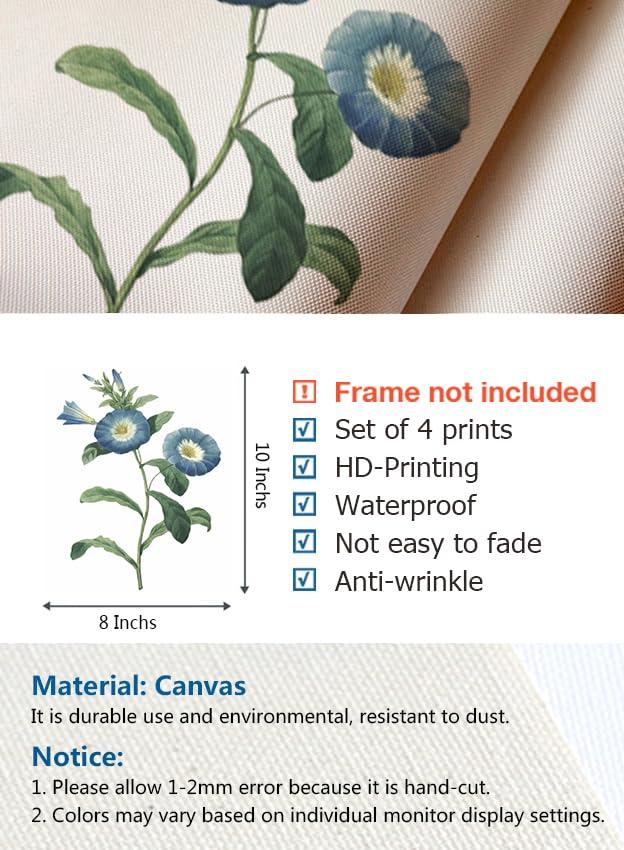 Blue Flower Canvas Wall Art Print, Vintage Floral Botanical Decor Antique Botany Poster, Blue Tone Morning Glory Water Lily Hyacinth Gentian Decorate for Office, Set of 4 ,8 X 10 In Unframed