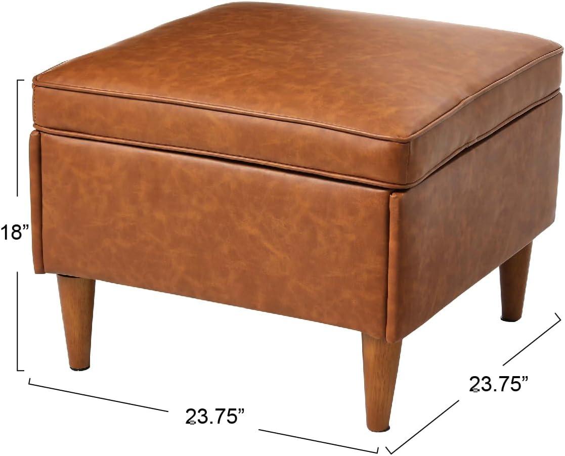 Storied Home Atley Storage Ottoman Brown: Vegan Leather, Mid-Century Design, Plywood Frame, 18" Height