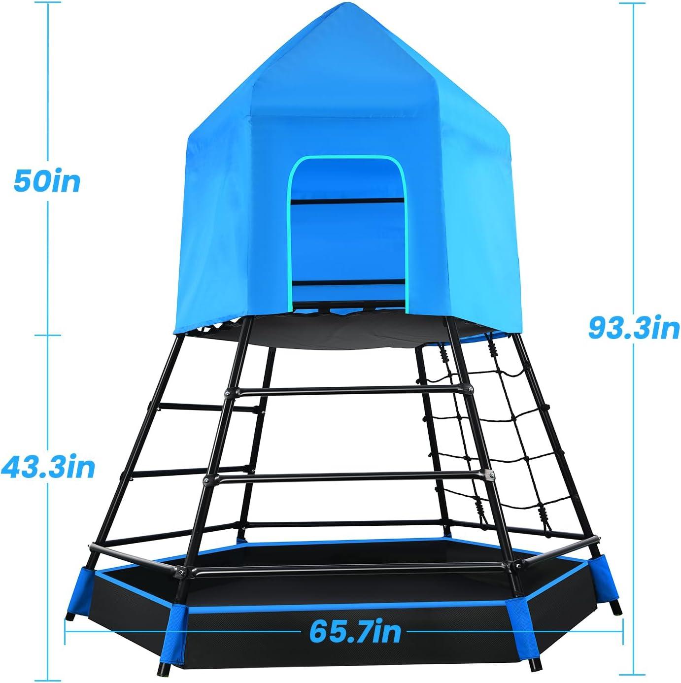 Blue Metal Climbing Jungle Gym with Fort and Tent