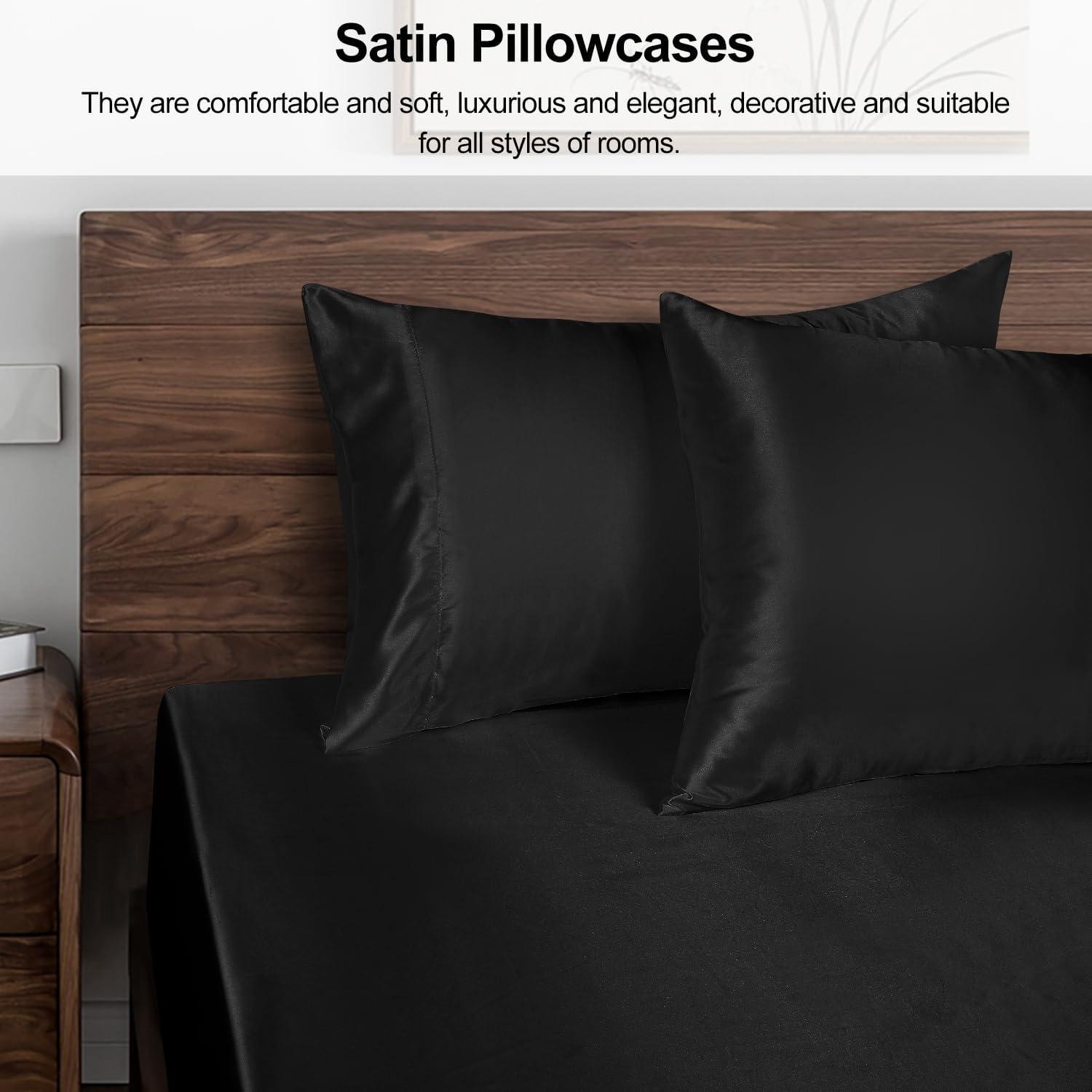 Lirex 2-Pack Microfiber Silk Pillowcase, King Size, Satin Soft, Envelope Closure, Black, Adult