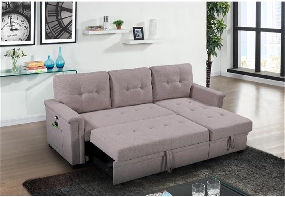 Bowery Hill Reversible Sleeper Sofa with Storage/USB Charging Port in Gray