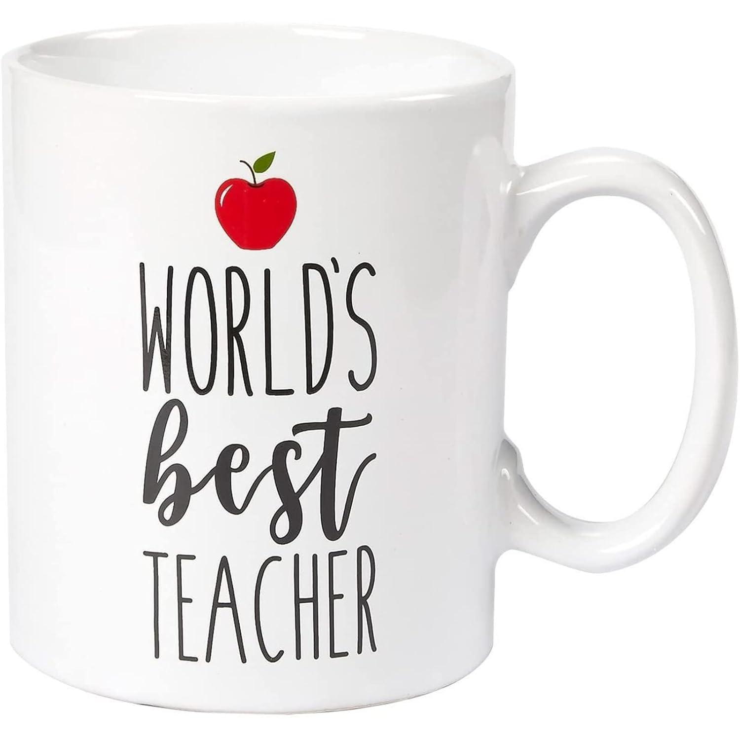 Blue Panda Large World's Best Teacher Coffee Mug White Ceramic Cup - Novelty Appreciation Gift for Teachers, Women, Men (16 oz)