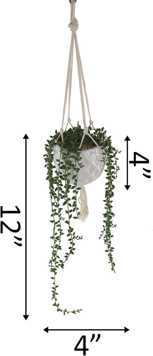 32 in. Artificial String of Pearls in Macrame Hanging Ceramic Planter