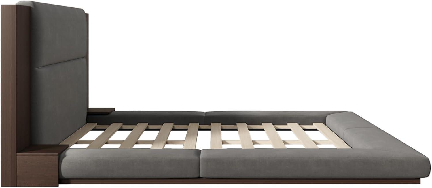 King Size Floor Upholstered Platform Bed with Extended Wood Headboard & Bedside Shelf, No Box Spring Needed, Easy to Assemble (Gray, King)