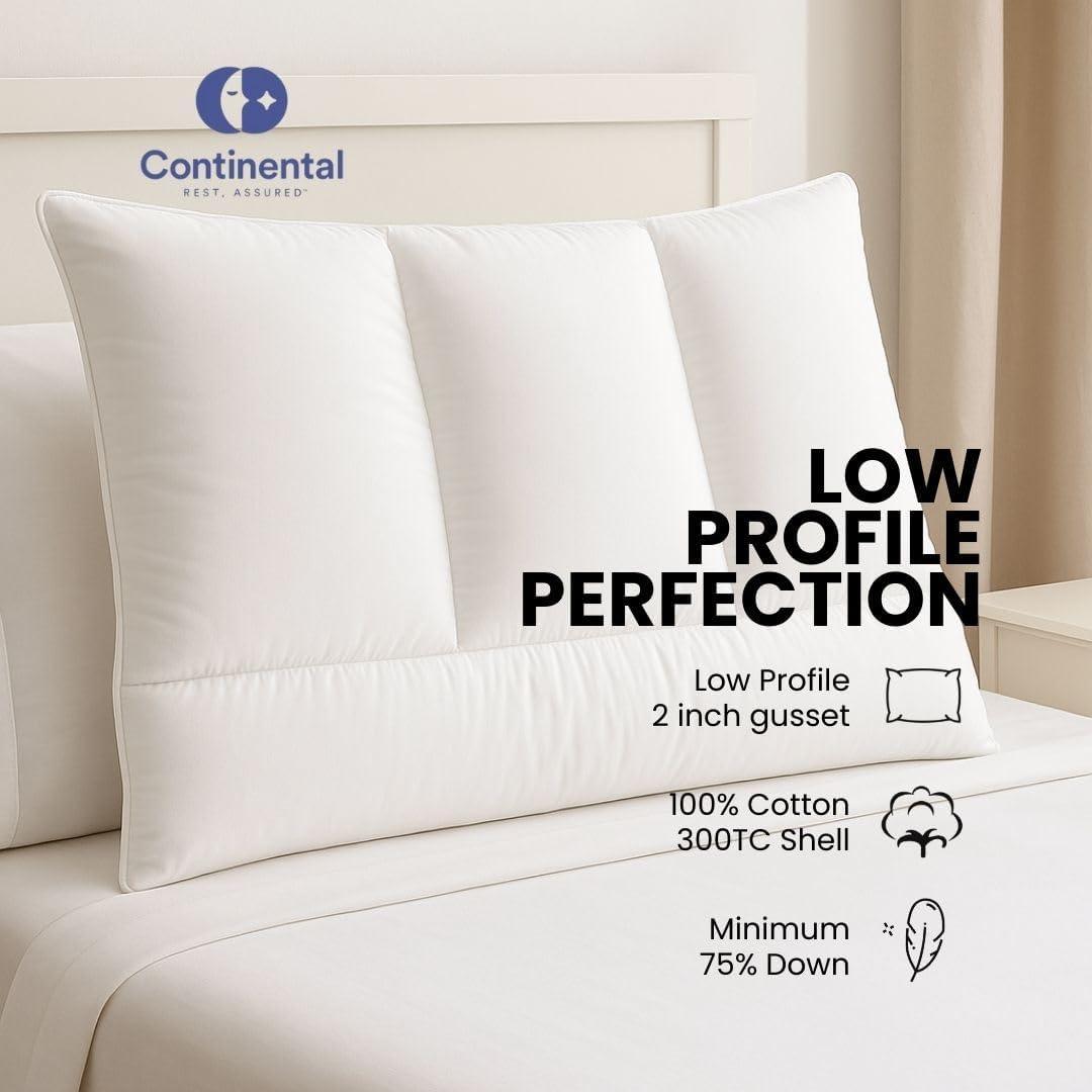 Continental Bedding 3-Chamber Down Pillow - Thin Profile with Partial Pressure Design, 2” Gusset & Sateen Piping, 100% Cotton – Standard, Queen, King