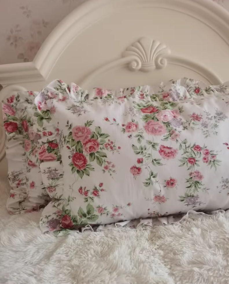 Pink Floral Cotton Ruffled Standard Pillowcases