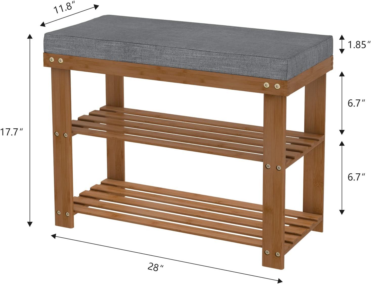 Bamboo Shoe Rack Bench with Gray Cushioned Seat