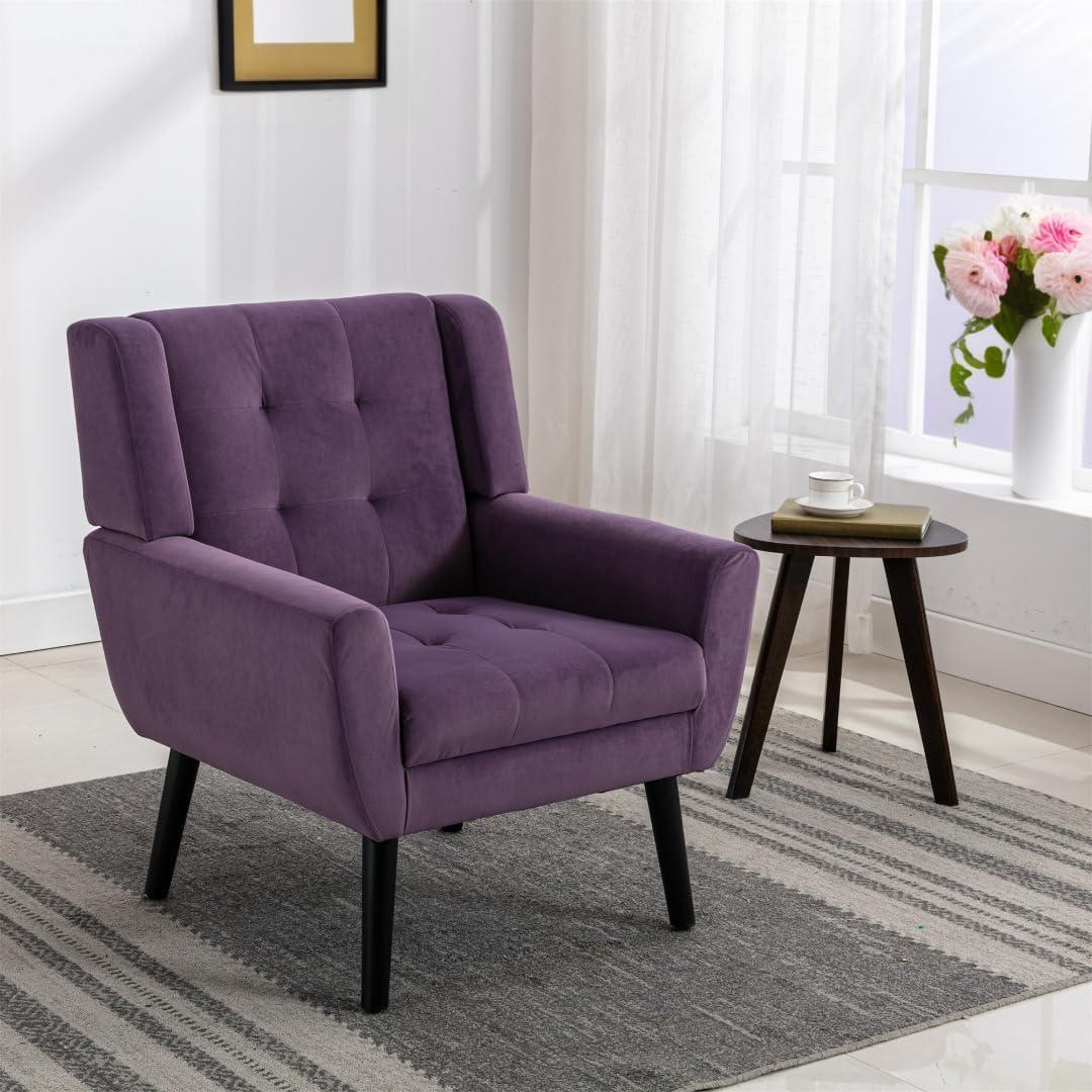 INCLAKE Upholstered Sofa Chair, Padded Cushion Seat Velvet Chair with Backrest and Armrest, Single Leisure Chair with Wood Legs for Living Room Reading Room, Purple