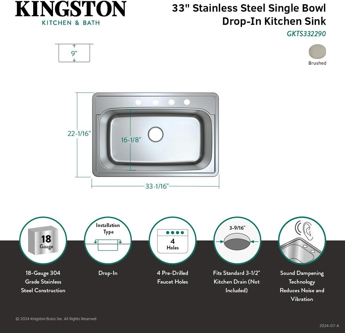 Kingston Brass Studio 33-Inch Stainless Steel Self-Rimming 4-Hole Single Bowl Drop-In Kitchen Sink