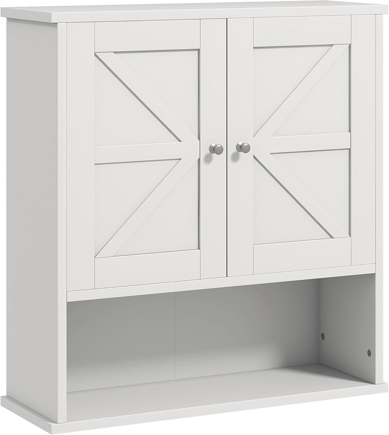 kleankin Bathroom Wall Cabinet, Farmhouse Medicine Cabinet with Open Shelf & Adjustable Shelf, Storage Cupboard for Laundry Room, White