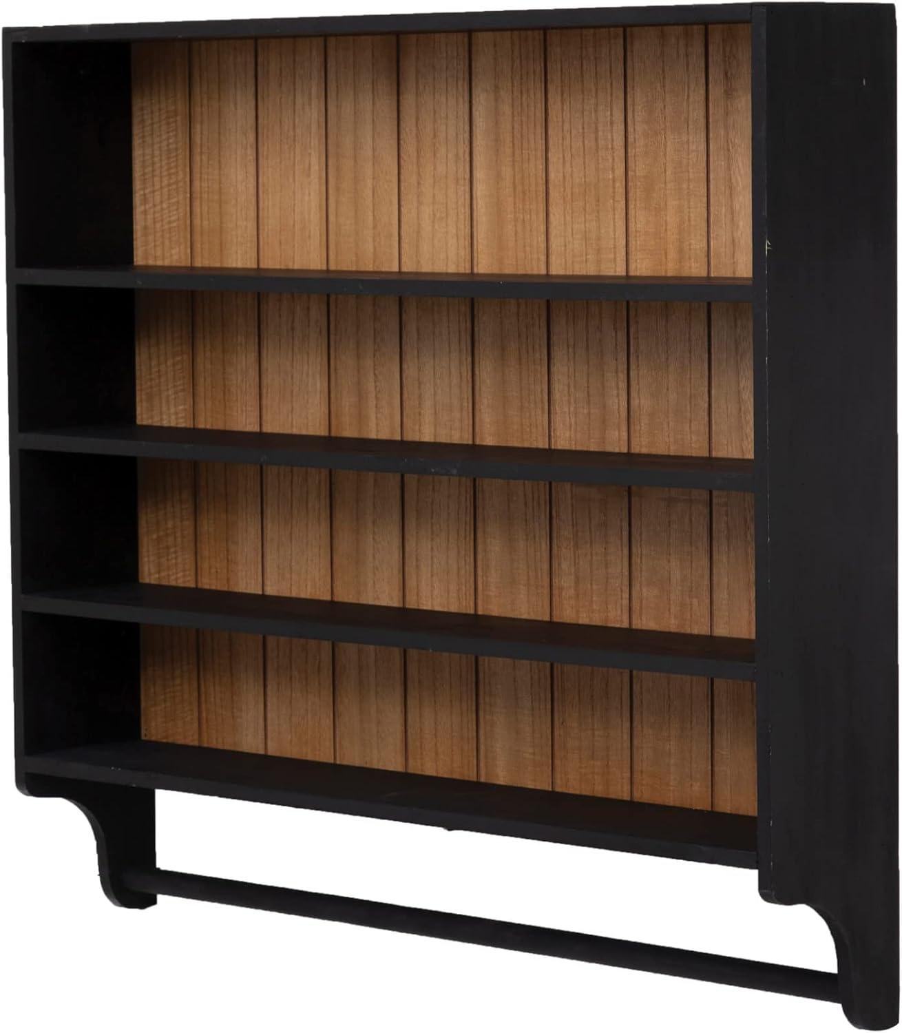 Black and Natural Wood Wall Shelf with Towel Rod