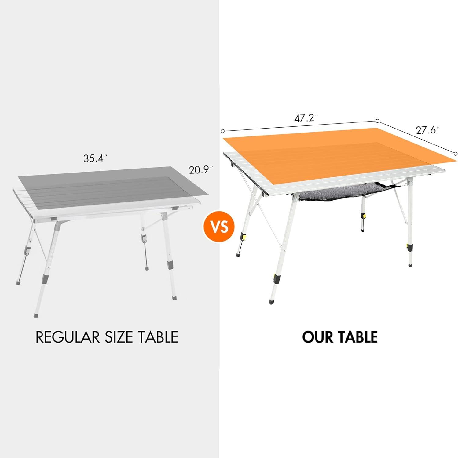 PORTAL Outdoor Folding Portable Picnic Camping Table with Adjustable Height Aluminum Roll Up Table Top Mesh Layer, Silver