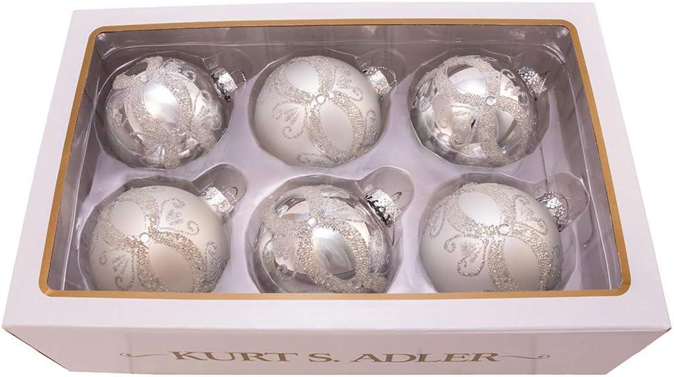 Kurt Adler 80MM Silver with Glitter and Sequins Glass Ball Ornaments, 6 Piece Box